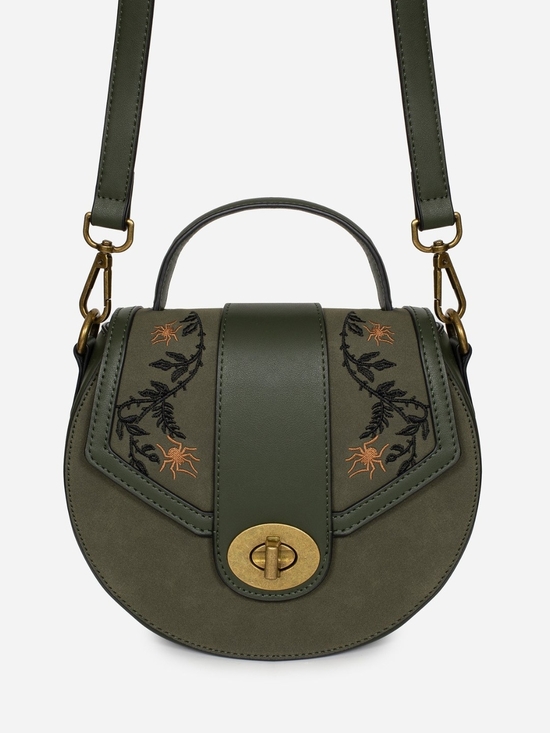 Disturbia Handbags - Disturbia Olive Green Floral Embroidered Crossbody Bag with Gold Hardware